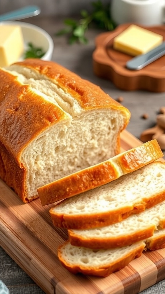 Quick Gluten-Free Bread Recipe A golden loaf of gluten-free bread sliced on a wooden board, showcasing its fluffy texture.
